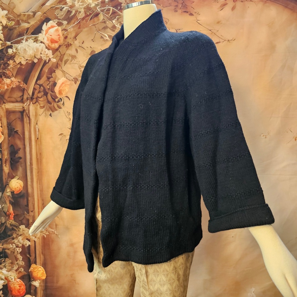 Vintage 1950s Cardigan Sweater Black Knit Open Front Cardigan Handmade Jacket